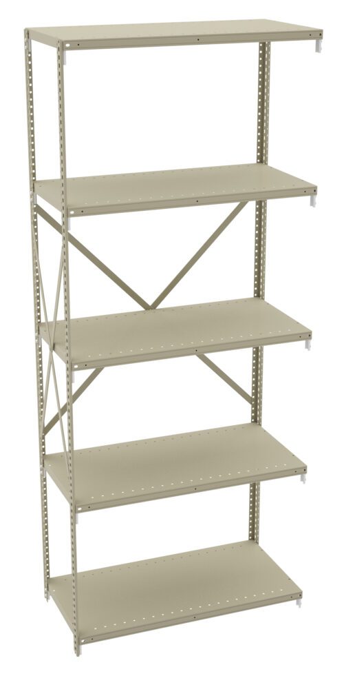 A beige metal shelving unit with five adjustable shelves, featuring perforated edges and cross bracing for stability. The shelves are evenly spaced, providing ample storage space.