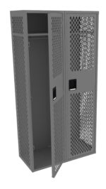A gray metal locker with a mesh design is shown. One of its two doors is open, revealing the empty interior, while the other remains closed. The locker features a black rectangular handle on each door.