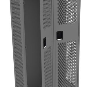 A gray metal locker with a mesh design is shown. One of its two doors is open, revealing the empty interior, while the other remains closed. The locker features a black rectangular handle on each door.