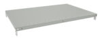 A grey metal shelf with a flat surface. It has multiple small holes along the edges and mounting brackets at each corner, designed for easy attachment to a shelving unit. The shelf is shown on a plain white background.