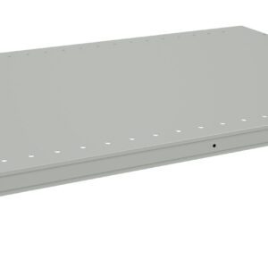 A grey metal shelf with a flat surface. It has multiple small holes along the edges and mounting brackets at each corner, designed for easy attachment to a shelving unit. The shelf is shown on a plain white background.