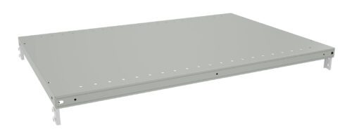 A grey metal shelf with a flat surface. It has multiple small holes along the edges and mounting brackets at each corner, designed for easy attachment to a shelving unit. The shelf is shown on a plain white background.