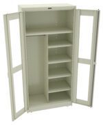 A beige metal storage cabinet with open doors revealing multiple shelves on the right side and a single hanging rod on the left. The cabinet is empty, showcasing its storage capacity and interior organization.