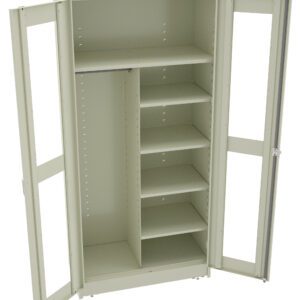 A beige metal storage cabinet with open doors revealing multiple shelves on the right side and a single hanging rod on the left. The cabinet is empty, showcasing its storage capacity and interior organization.