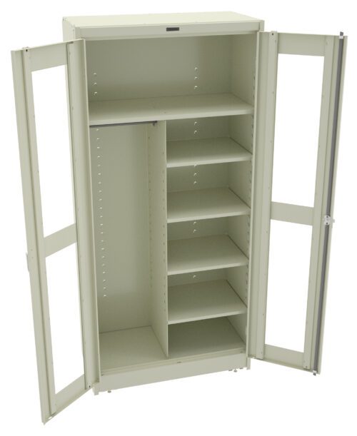 swnsufhthpqrf2lyg1lh.jpg A beige metal storage cabinet with open doors revealing multiple shelves on the right side and a single hanging rod on the left. The cabinet is empty, showcasing its storage capacity and interior organization.