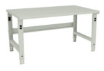 A sturdy, industrial-style gray metal workbench with a flat top and adjustable legs. The design is minimalistic, featuring straight lines and visible brackets on the sides.