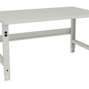 A sturdy, industrial-style gray metal workbench with a flat top and adjustable legs. The design is minimalistic, featuring straight lines and visible brackets on the sides.