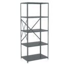 A tall, gray metal shelving unit with five adjustable shelves and a cross-brace on the back for support, standing against a plain white background.