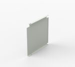 The image shows a rectangular piece of metal sheet with notched sides and small holes at each corner, standing vertically on a plain white background.