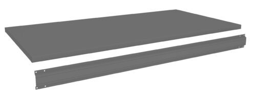 sxfetyvhz6clmzzleejl.jpg A flat, gray metal shelf panel is shown alongside a matching gray metal bracket. The items are positioned on a plain white background, demonstrating their shape and design.