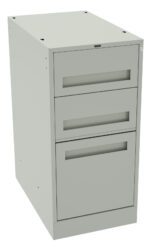 A gray metal office storage unit with a modern design, featuring three drawers; the top two are smaller and aligned horizontally, while the bottom drawer is larger. The surface is plain with a lock on the top right corner.