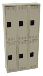 A beige, six-door locker unit with two vertical rows and three lockers per column. Each locker has a small black handle and ventilation slots on the top and bottom. The design is simple and utilitarian.