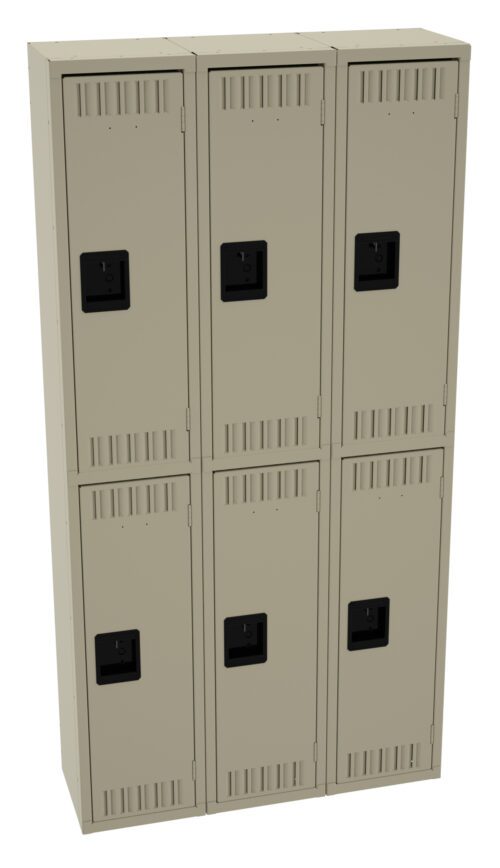 A beige, six-door locker unit with two vertical rows and three lockers per column. Each locker has a small black handle and ventilation slots on the top and bottom. The design is simple and utilitarian.