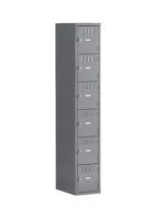 A tall, gray metal locker with six individual compartments, each featuring a vent and keyhole. The locker is placed against a plain white background.