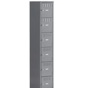 A tall, gray metal locker with six individual compartments, each featuring a vent and keyhole. The locker is placed against a plain white background.