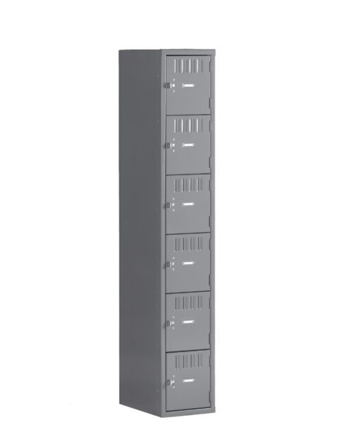 A tall, gray metal locker with six individual compartments, each featuring a vent and keyhole. The locker is placed against a plain white background.