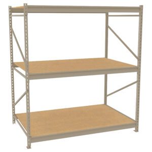 A metal storage rack with three wooden shelves, designed for heavy-duty use. The structure is supported by cross beams and vertical posts, providing ample space for organizing items.