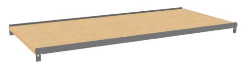 A flat, rectangular wooden shelf with gray metal brackets on the sides and back. It appears minimalistic and suitable for wall mounting.