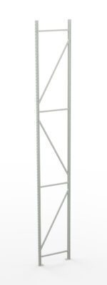 A tall, light gray metal shelving frame with a series of diagonal and horizontal supports, standing on a white background. It has holes along its vertical sections for adjustable shelving placement.