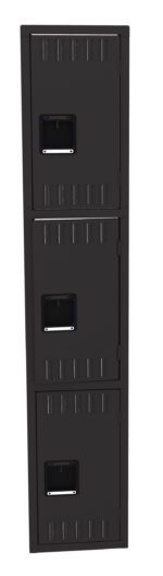 A vertical row of three black lockers, each with a rectangular ventilation pattern and a square handle. The lockers are stacked, with doors aligned, and the image is isolated on a white background.