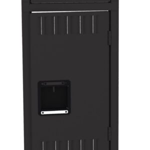 A vertical row of three black lockers, each with a rectangular ventilation pattern and a square handle. The lockers are stacked, with doors aligned, and the image is isolated on a white background.