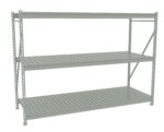 A large, metallic gray industrial shelving unit with three evenly spaced shelves and a sturdy, perforated frame. The shelves have a slatted design, suitable for storage or organization in a warehouse or garage setting.