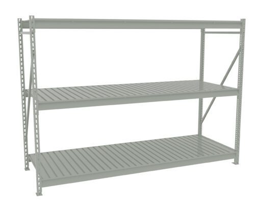 A large, metallic gray industrial shelving unit with three evenly spaced shelves and a sturdy, perforated frame. The shelves have a slatted design, suitable for storage or organization in a warehouse or garage setting.