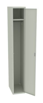 A tall, light gray locker with one door open, revealing an empty interior. The locker has a shelf at the top and a rod for hanging items. The design is simple and functional.