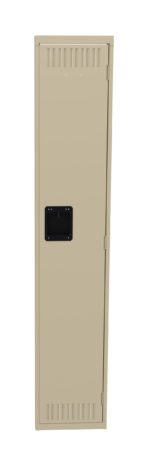 A tall, beige metal locker with a black handle on the front. The locker is vertically oriented and features vent slits at the top and bottom for ventilation.