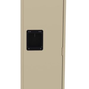 A tall, beige metal locker with a black handle on the front. The locker is vertically oriented and features vent slits at the top and bottom for ventilation.