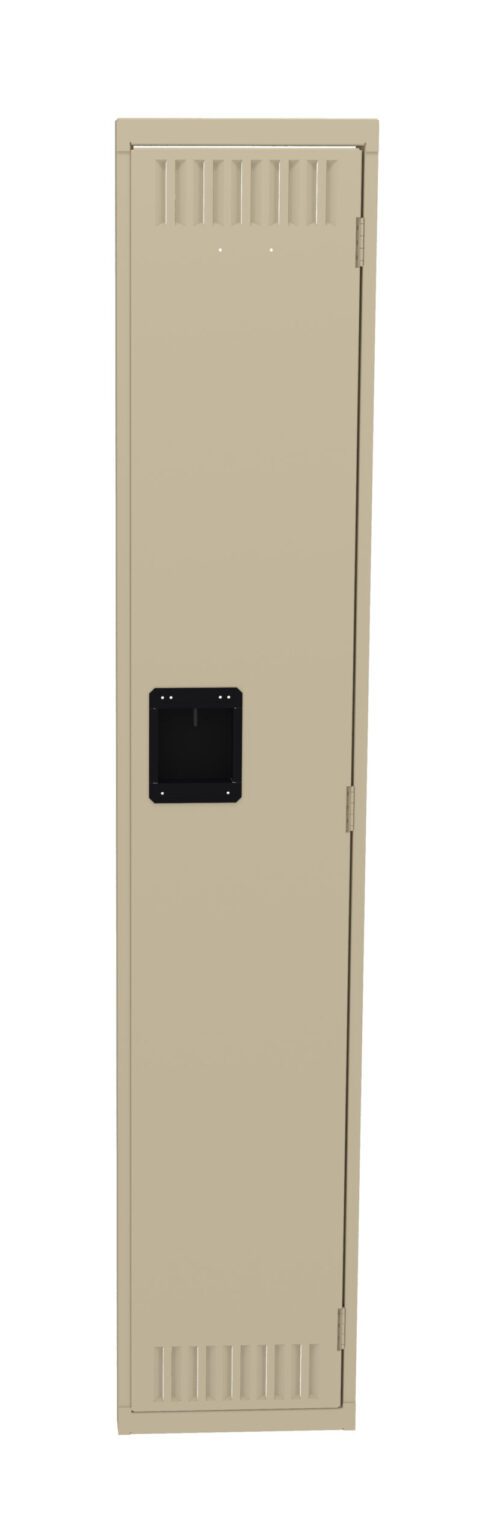 szasjdgfhknworyu0pbr.jpg A tall, beige metal locker with a black handle on the front. The locker is vertically oriented and features vent slits at the top and bottom for ventilation.