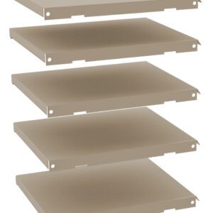 Five brown rectangular shelves are stacked vertically with equal spacing. Each shelf has small holes at the corners, suggesting they can be mounted or assembled with other components. The shelves are isolated on a white background.