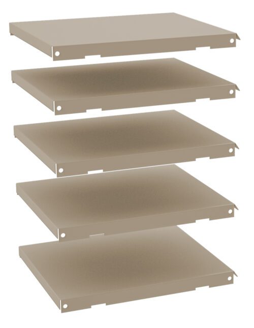 Five brown rectangular shelves are stacked vertically with equal spacing. Each shelf has small holes at the corners, suggesting they can be mounted or assembled with other components. The shelves are isolated on a white background.