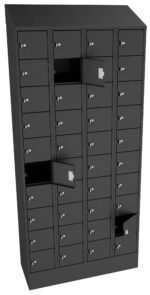 A large, black locker unit with multiple small compartments, some of which are open, revealing empty spaces inside. The lockers have combination dials and handles, arranged in a neat, grid-like format.