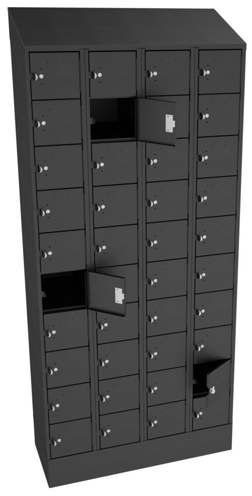 A large, black locker unit with multiple small compartments, some of which are open, revealing empty spaces inside. The lockers have combination dials and handles, arranged in a neat, grid-like format.