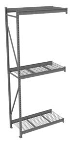 Industrial metal shelving unit with three levels. Each shelf has a grid pattern for support. The frame includes vertical supports and diagonal braces for stability. The shelf is empty and shown on a white background.