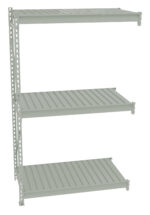 A three-tiered metal shelf unit with adjustable shelves and vertical support beams. The shelves are evenly spaced and have a slatted design. The unit is shown against a plain white background.