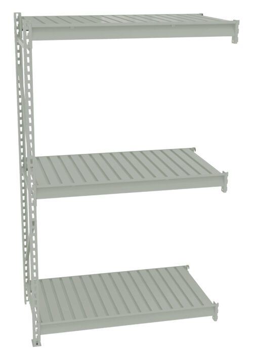 A three-tiered metal shelf unit with adjustable shelves and vertical support beams. The shelves are evenly spaced and have a slatted design. The unit is shown against a plain white background.