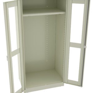 A light gray metal storage cabinet with two open doors. It features a single adjustable shelf in the upper section, leaving a spacious lower compartment. The cabinet has a simple, utilitarian design.