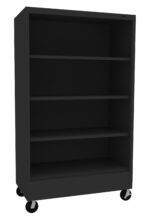 Black metal bookshelf on wheels with four shelves, pictured empty against a white background.