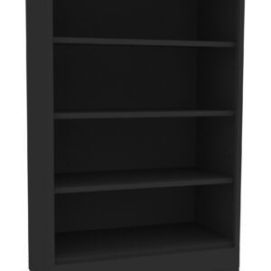 Black metal bookshelf on wheels with four shelves, pictured empty against a white background.