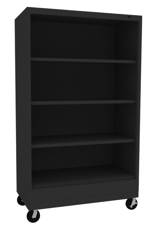 t0dgo3nrholtpci7zmub.jpg Black metal bookshelf on wheels with four shelves, pictured empty against a white background.