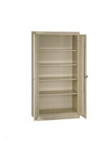 A beige metal storage cabinet with four adjustable shelves and two open doors. The empty interior is visible against a plain white background.