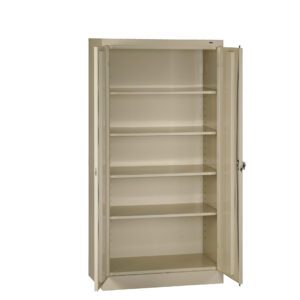 A beige metal storage cabinet with four adjustable shelves and two open doors. The empty interior is visible against a plain white background.