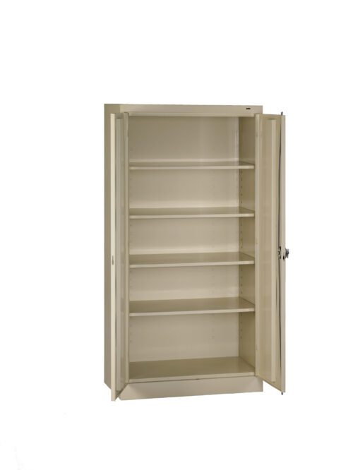 t0xawsdxqgpx8gfxhq6p.jpg A beige metal storage cabinet with four adjustable shelves and two open doors. The empty interior is visible against a plain white background.
