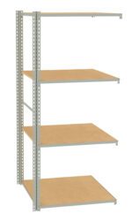 Metal shelving unit with four wooden shelves. The frame is gray with perforated supports on the sides for adjustable shelf positioning. The shelves are evenly spaced, showcasing a simple, industrial design.