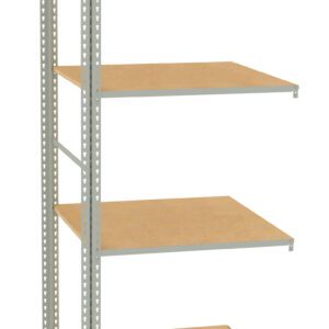 Metal shelving unit with four wooden shelves. The frame is gray with perforated supports on the sides for adjustable shelf positioning. The shelves are evenly spaced, showcasing a simple, industrial design.