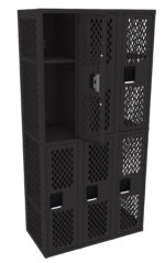 A black metal locker unit with a total of six compartments. Each compartment has a ventilated door with a diamond pattern, two of which are slightly open. The locker has simple rectangular handles and a sturdy, industrial design.