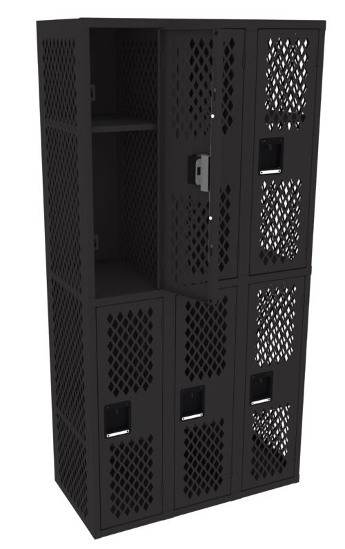 A black metal locker unit with a total of six compartments. Each compartment has a ventilated door with a diamond pattern, two of which are slightly open. The locker has simple rectangular handles and a sturdy, industrial design.