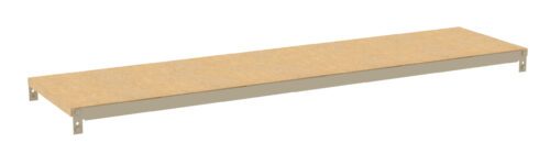 A long, rectangular wooden shelf with a metal frame, suspended horizontally. The shelf is light brown, and the metal frame is a neutral tone. The design is simple and functional, suitable for storage or display.
